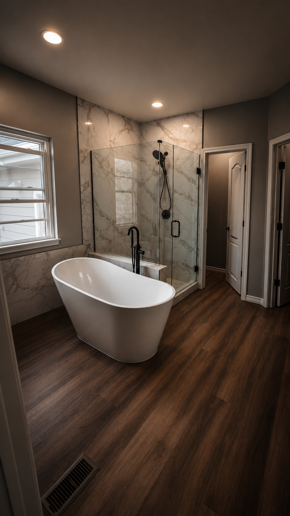 Luxury bathroom remodeling project completed by BuildFlow Renovation Group in Parker, Colorado featuring walk-in shower, freestanding tub, marble-look tile, and custom vanity.